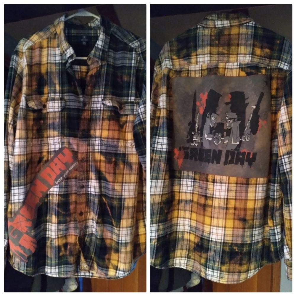 Upcycled Bleached Flannel Shirt W/ Vintage GREEN DAY back And Front patches